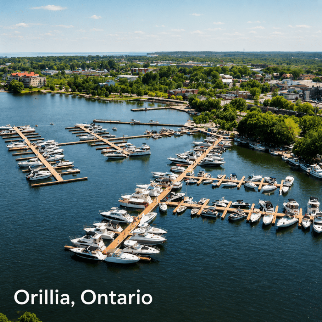 Lake Couchiching waterfront in Orillia Ontario with natural shoreline and forest canopy — location of My Own Cottage prefab homes builder serving Simcoe County and Muskoka