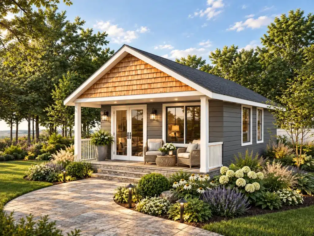 Pine View cottage-home exterior with covered front porch, cedar-shingle gable, grey siding and landscaped front yard