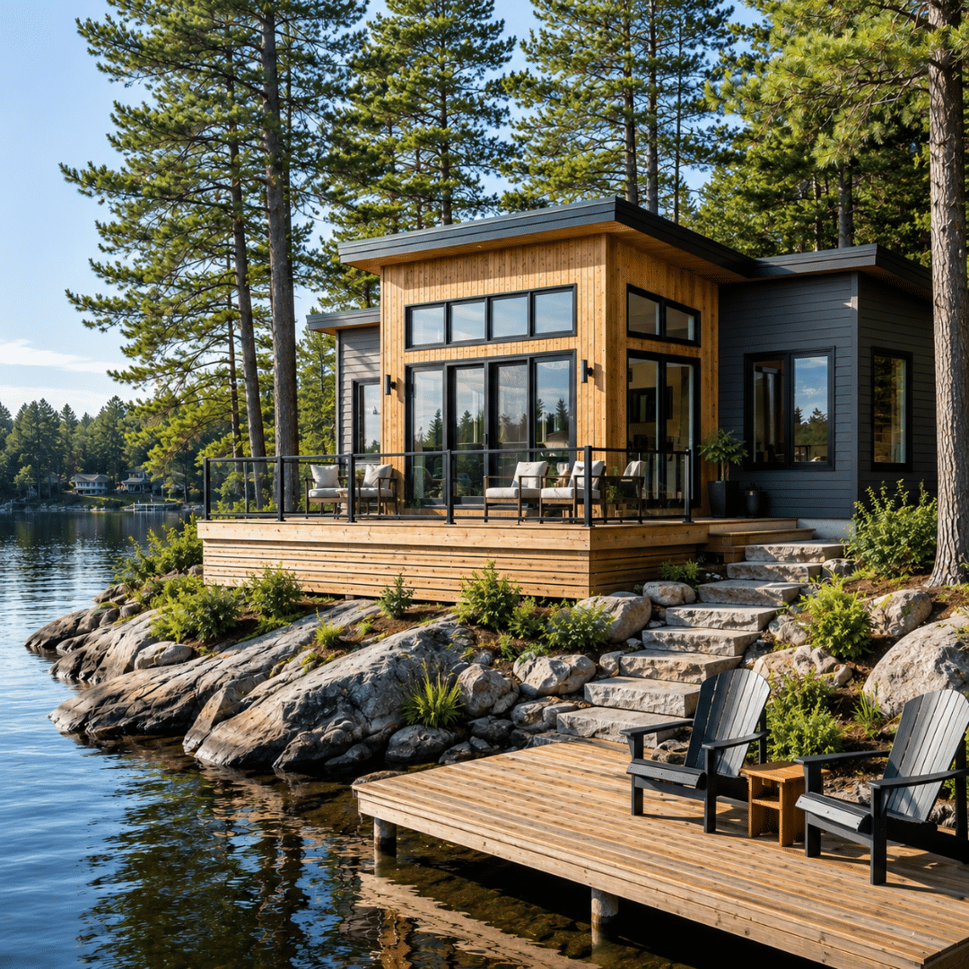 Prefab cottage Ontario on a Muskoka waterfront lot — factory-built modular home by My Own Cottage with modern design, lakefront deck, and permanent foundation