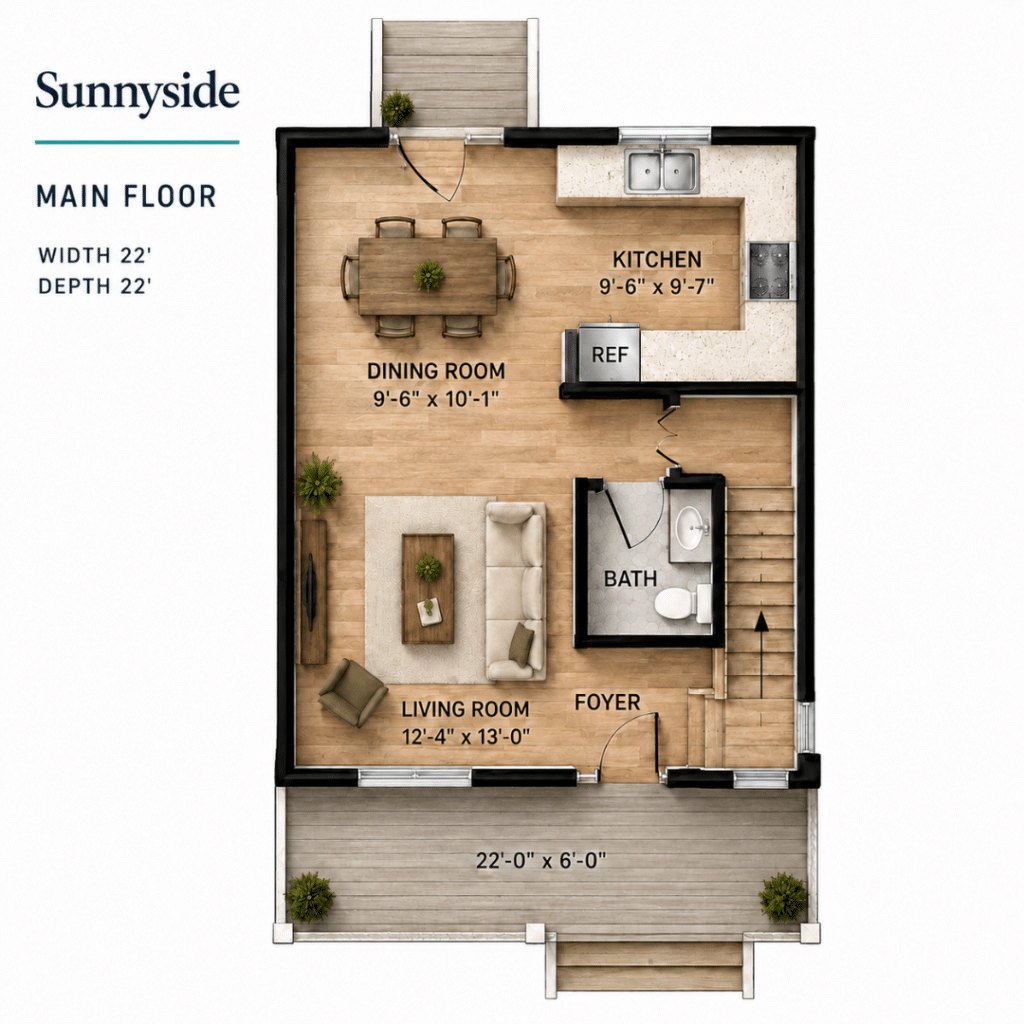 Sunnyside Main Floor Plan showing the main-level layout with the foyer, living room, dining room, kitchen, and bathroom in a compact 22' x 22' cottage home model.