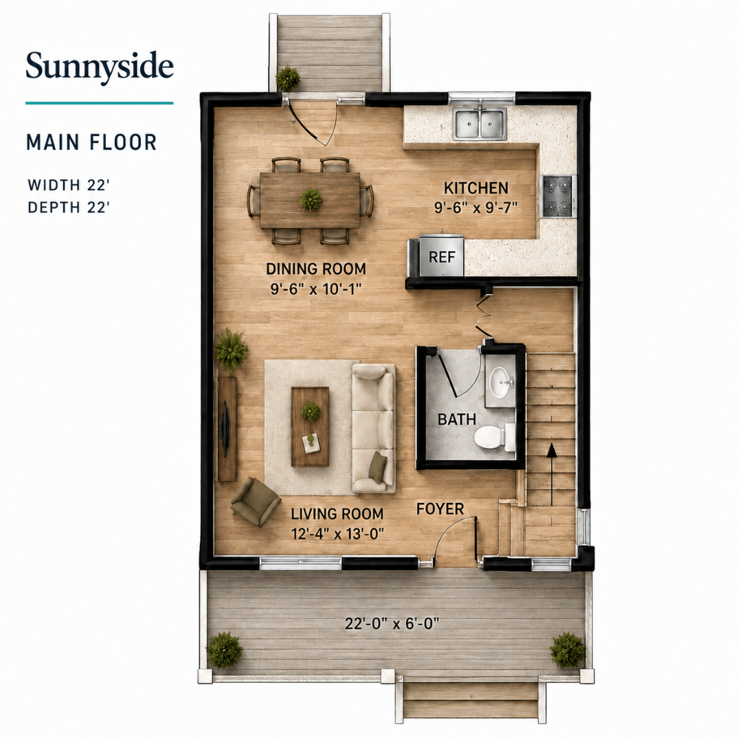 2 bedroom house plan: Sunnyside main floor by My Own Cottage, with living room, dining room, kitchen and a bathroom