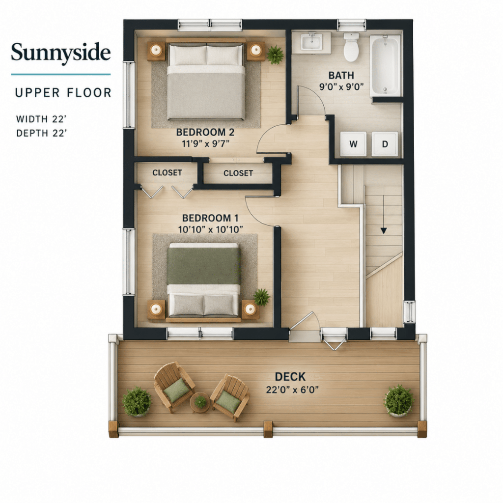 Sunnyside Upper Floor Plan showing two bedrooms, a 9' x 9' bathroom, closets, laundry area, stairs and a 22' x 6' upper deck.