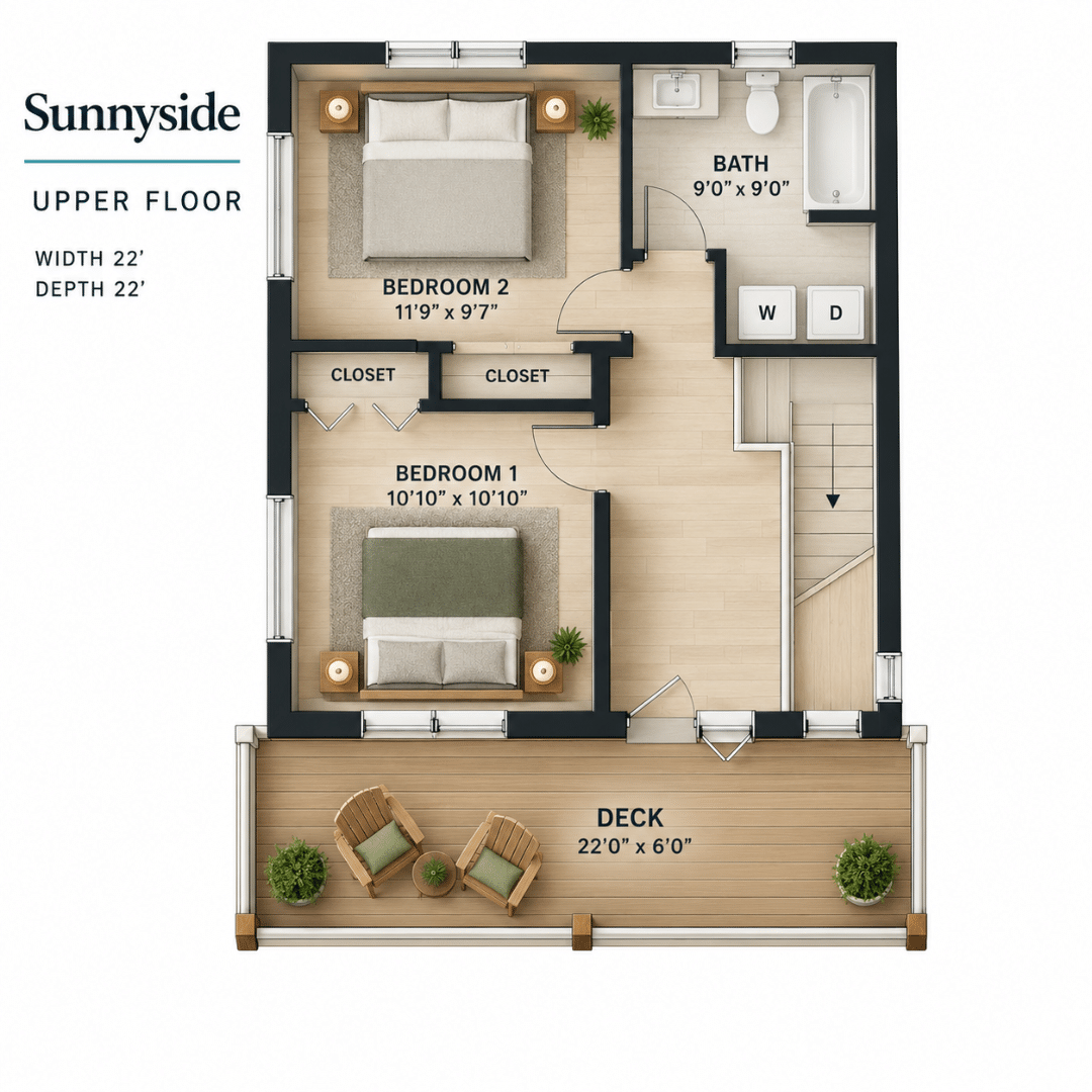 2 bedroom, 2 bathroom house plan: Sunnyside upper floor by My Own Cottage, with both bedrooms and the second bathroom