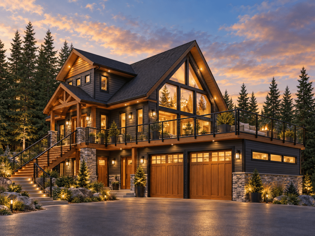 Titan exterior of a stylish cottage-home model featuring warm wood accents, dramatic rooflines, large windows, and a high-end mountain-inspired design.
