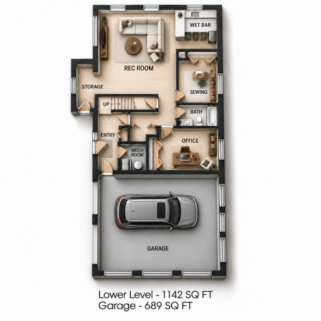 Titan Lower Level Floor Plan showing a 1,142 sq ft lower level with rec room, wet bar, office, sewing room, bath, storage, mech room, and a 689 sq ft garage.