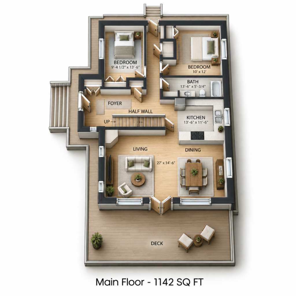 Titan Main Floor Plan showing a refined 3D-style schematic of a 1,142 sq ft cottage home with two bedrooms, kitchen, bath, living and dining area, foyer, and deck.