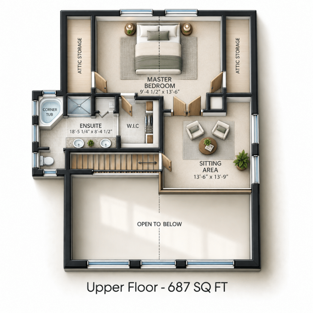 Titan Upper Floor Plan showing a refined 687 sq ft upper level layout with a master bedroom, ensuite, walk-in closet, sitting area, attic storage, and open-to-below space.