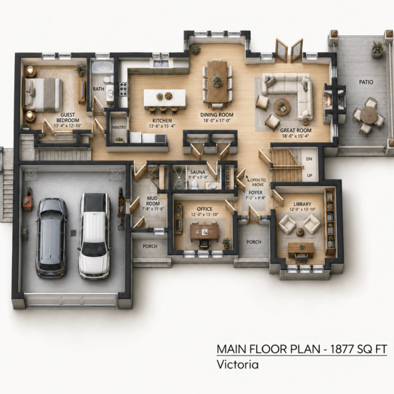 Victoria Main Floor Plan | 1,877 Sq. Ft. Cottage-Home Layout Victoria Main Floor Plan showing the 1,877 sq. ft. main level with guest bedroom, kitchen, dining room, great room, sauna, office, library, mud room, garage, porches, and patio.