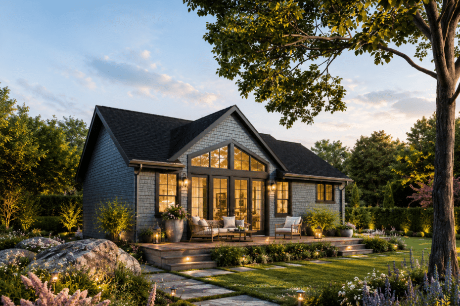 Water’s Edge exterior with grey shingle siding, large black-framed windows, vaulted front glazing, landscaped grounds and a spacious outdoor deck.