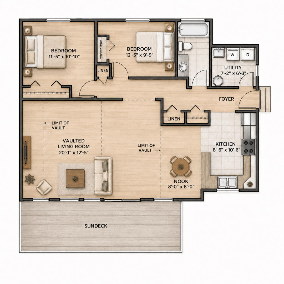 2 bedroom prefab home floor plan: the Water’s Edge by My Own Cottage, two bedrooms and one bathroom on one floor
