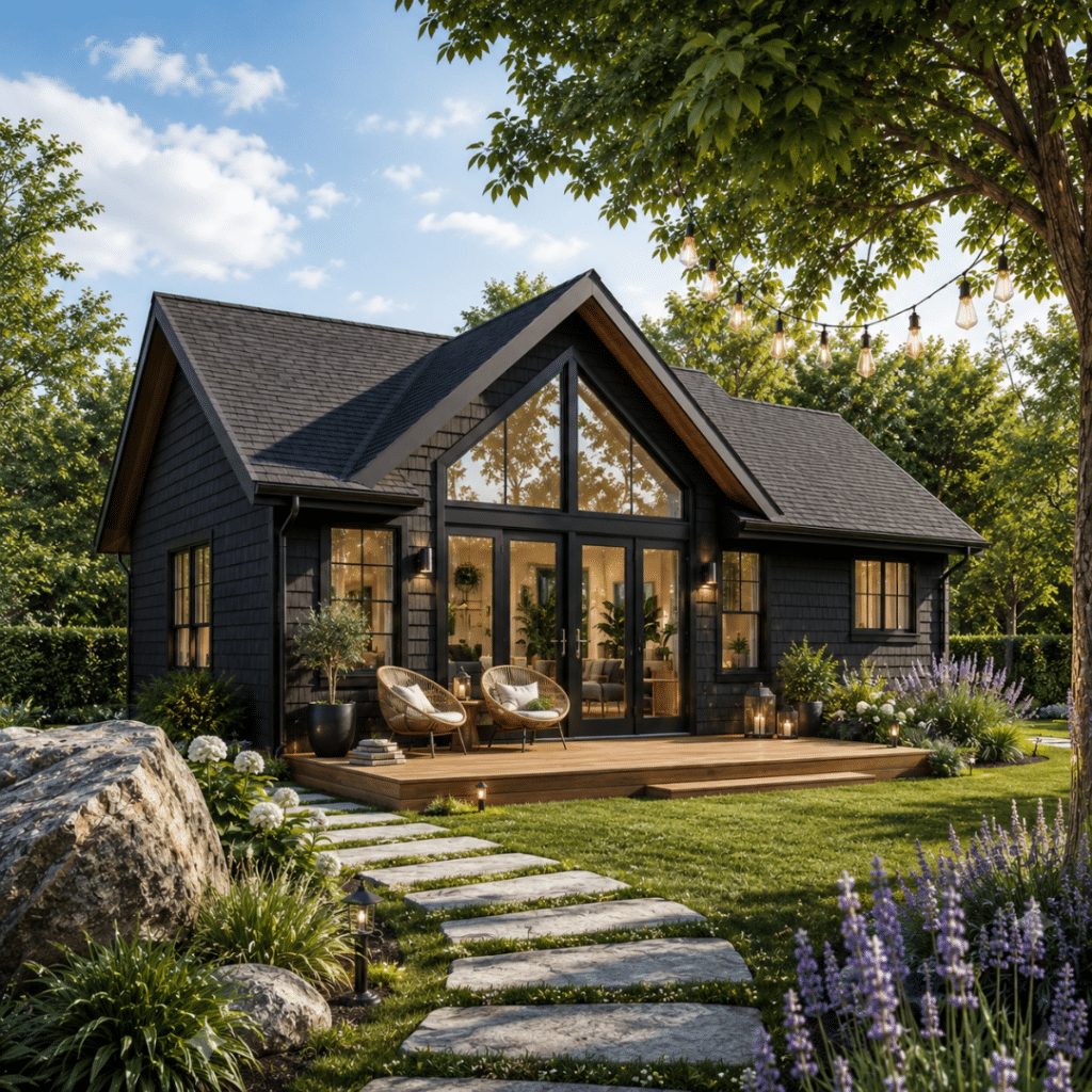 Waters Edge prefab luxury lakeside home with large windows and covered outdoor living space Ontario modular home
