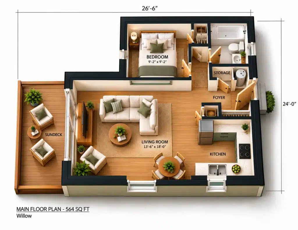 Willow Main Floor Plan showing a 564 sq ft one-bedroom cottage with an open living room, kitchen, dining nook, bathroom and sundeck
