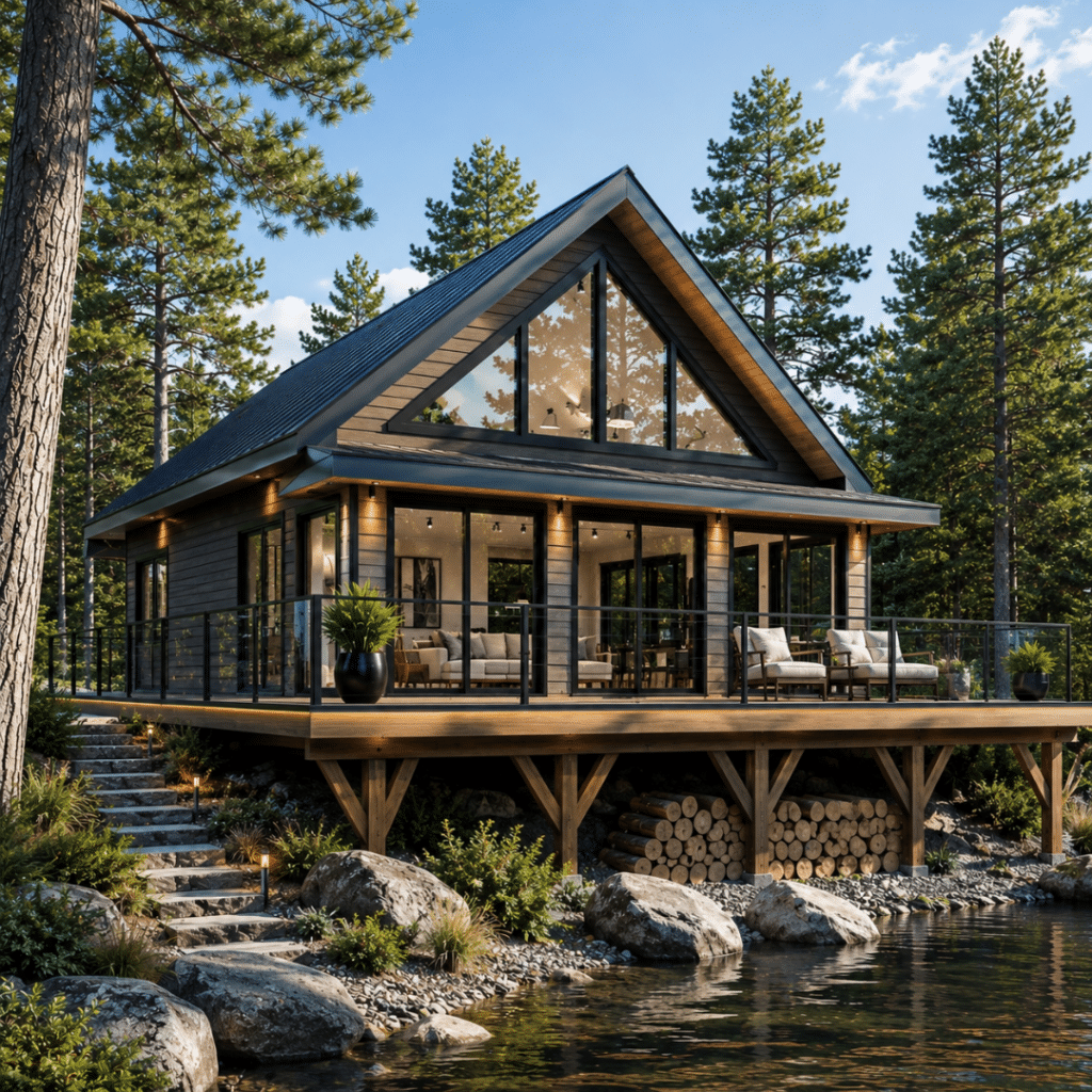Woodside prefab cottage modern waterfront home design by My Own Cottage — large window wall, elevated deck, Ontario-built modular home for lakeside properties