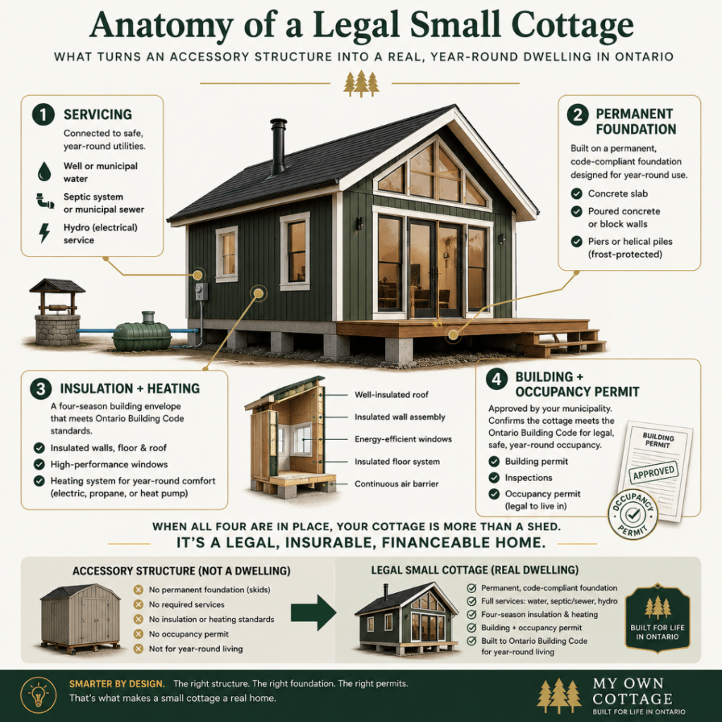 Small Prefab Cottages Ontario infographic explaining how a small cottage becomes a legal Ontario dwelling through servicing, foundation, insulation, heating, and occupancy approval.