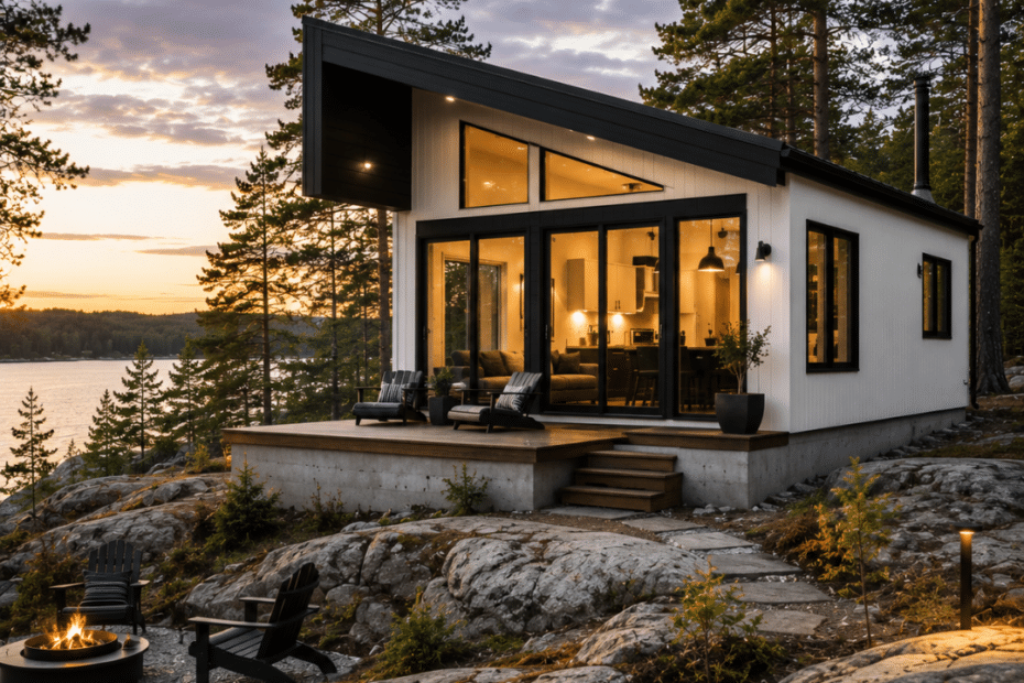 Small Prefab Cottages Ontario example showing a modern white-and-black four-season cottage on a permanent foundation overlooking a lake in Ontario cottage country.