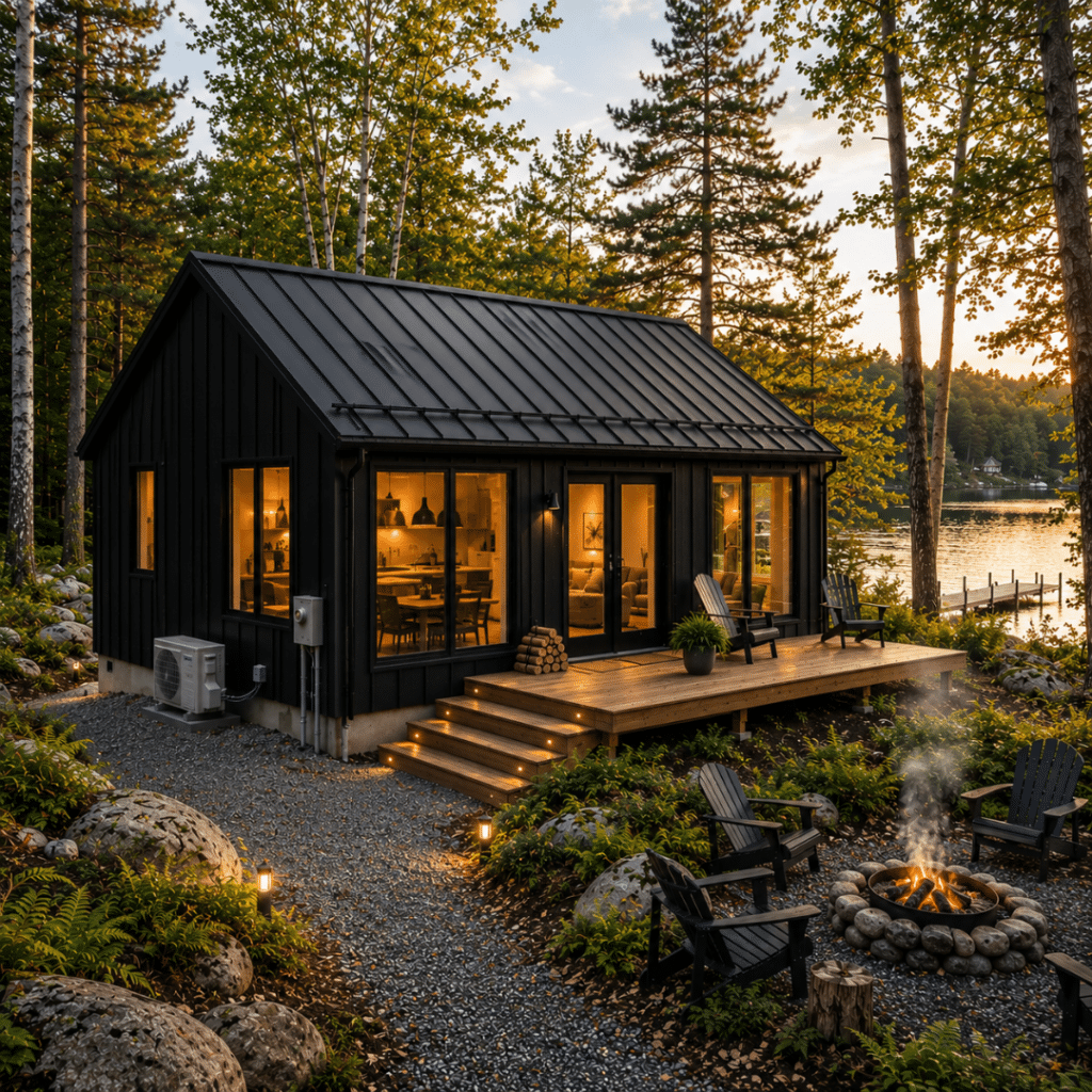 Black modern prefab cottage in Ontario cottage country with luxury exterior finishes, lakeside setting, natural landscaping, and outdoor fire pit by My Own Cottage