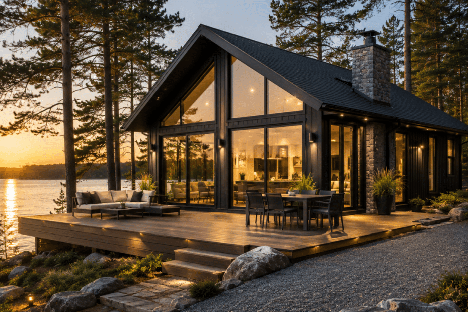 Cost to build a cottage in Ontario illustrated by a completed four-season waterfront cottage with a permanent foundation, driveway, site work, and landscaped Ontario lot.