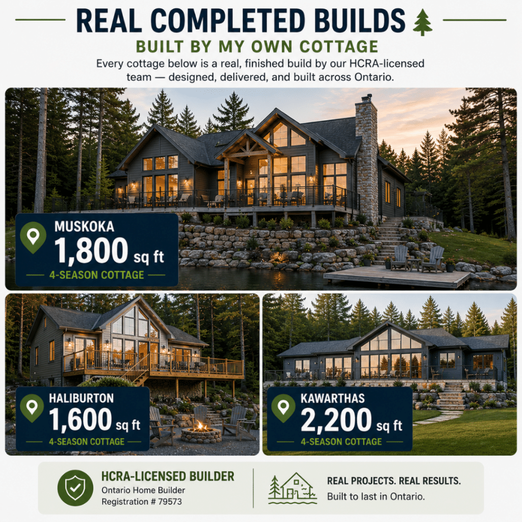 Cost to build a cottage in Ontario illustrated through completed cottage projects in Muskoka, Haliburton, and Kawarthas, showcasing real four-season builds by My Own Cottage.