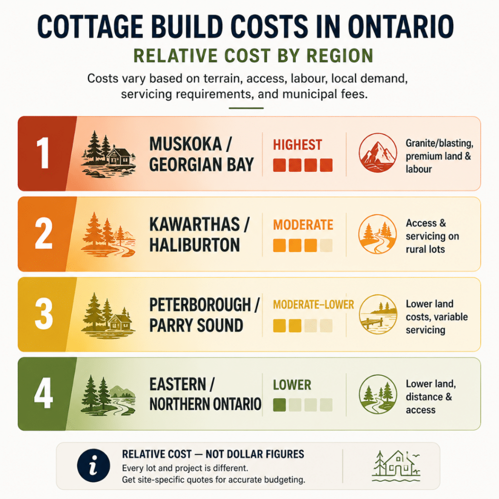 Regional cost ladder showing how the cost to build a cottage in Ontario varies between Muskoka, Georgian Bay, Kawarthas, Haliburton, Parry Sound, Eastern Ontario, and Northern Ontario.