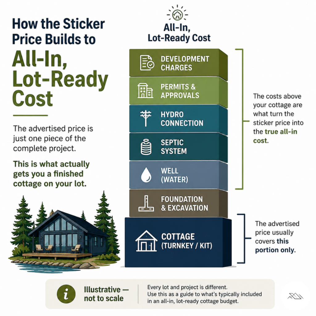 Infographic explaining the cost to build a cottage in Ontario by showing how foundation, well, septic, hydro, permits, and development charges are added to the cottage price.