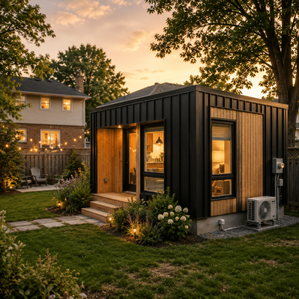 Small prefab home as a garden suite on an Ontario residential lot with primary house in the background and completed accessory dwelling unit installation