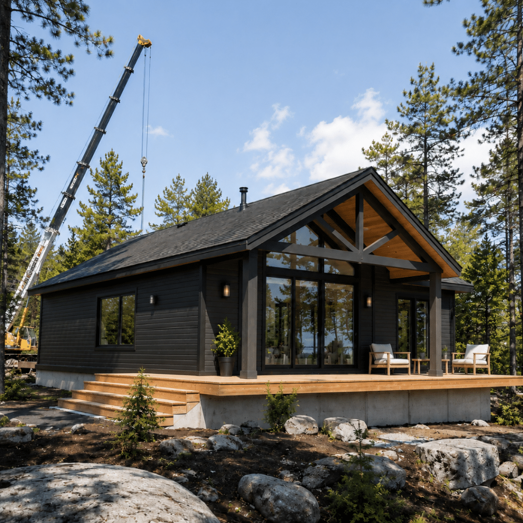 Completed prefab cottage in Ontario showing the finished home on its foundation with crane installation equipment visible, illustrating a key stage in prefab cottage delivery.