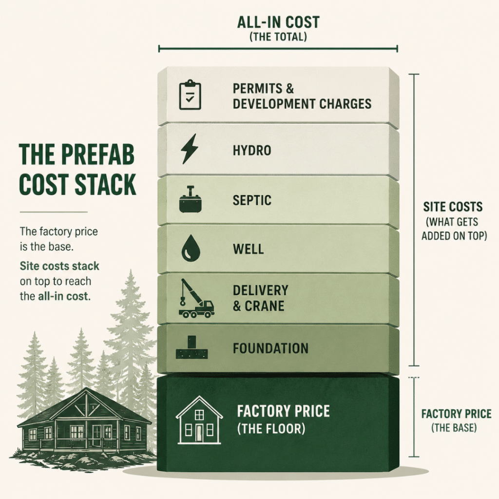 How much does it cost to build a prefab cottage in Ontario infographic showing how the factory price combines with foundation, delivery, well, septic, hydro, and permits to create the all-in cost.