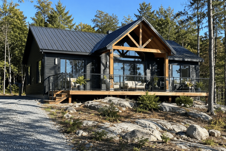 How much does it cost to build a prefab cottage in Ontario? A completed four-season prefab cottage on a granite Ontario cottage-country lot with a gravel driveway, permanent foundation, and mature forest setting.