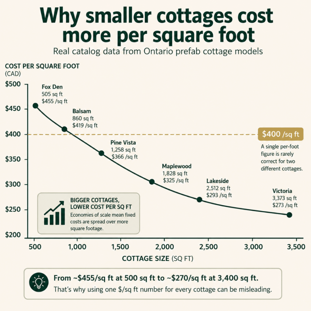 Chart illustrating how much it costs to build a prefab cottage in Ontario, showing that smaller cottages have higher cost per square foot than larger cottage models.