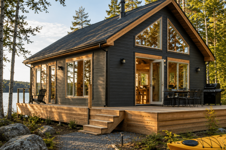 Prefab Cottage Kits Ontario completed as a modern four-season cottage on a treed waterfront lot with a deck, large windows, and lake access.