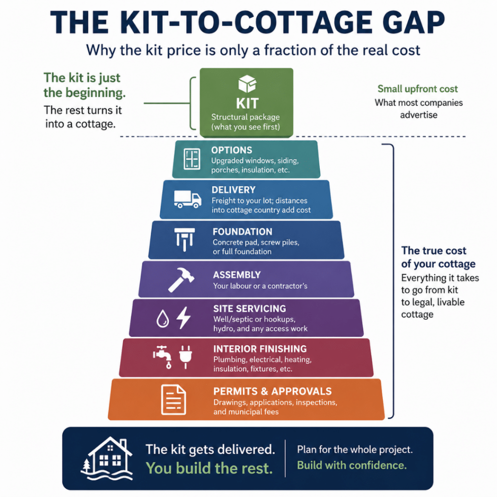 Prefab Cottage Kits Ontario infographic showing how options, delivery, foundation, assembly, site servicing, interior finishing, and permits stack beyond the initial kit price.