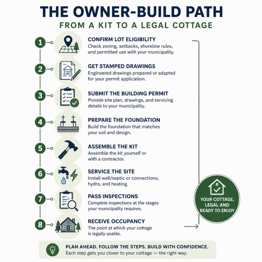 Owner-build process for Prefab Cottage Kits Ontario showing the steps from zoning review and permits to inspections and legal occupancy.