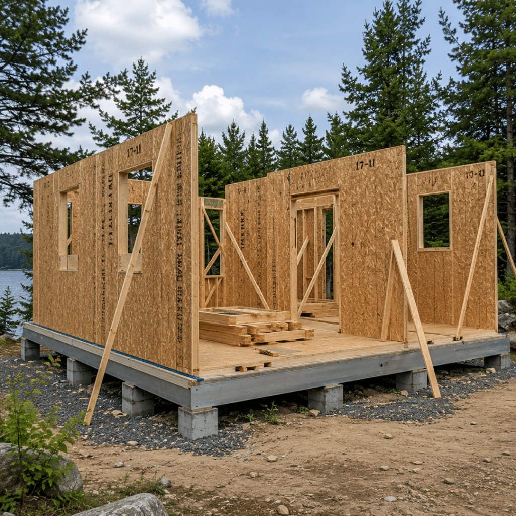Prefab Cottage Kits Ontario panelized wall sections assembled on a prepared foundation beside a lakeside Ontario cottage lot.