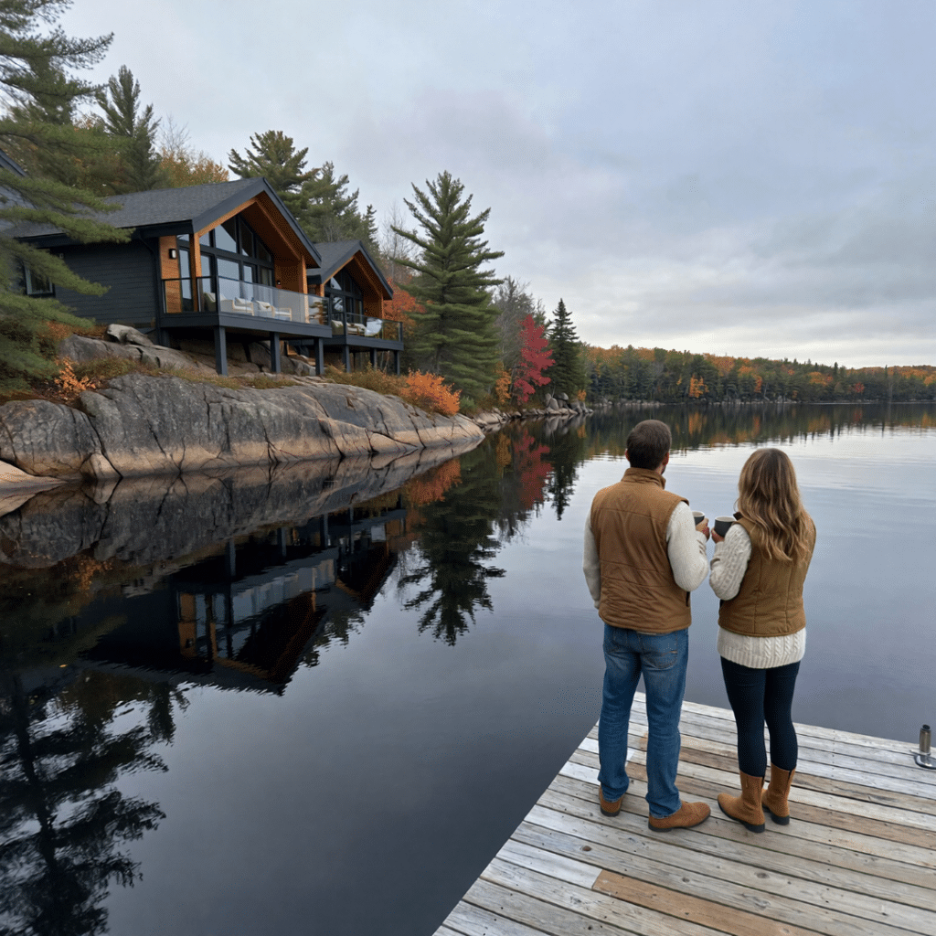 Prefab cottages Muskoka four-season lifestyle image showing couple with morning coffee on dock beside completed modular cottage on Lake Muskoka in early autumn with calm water and fall foliage representing year-round occupancy and investment-focused cottage ownership 2026