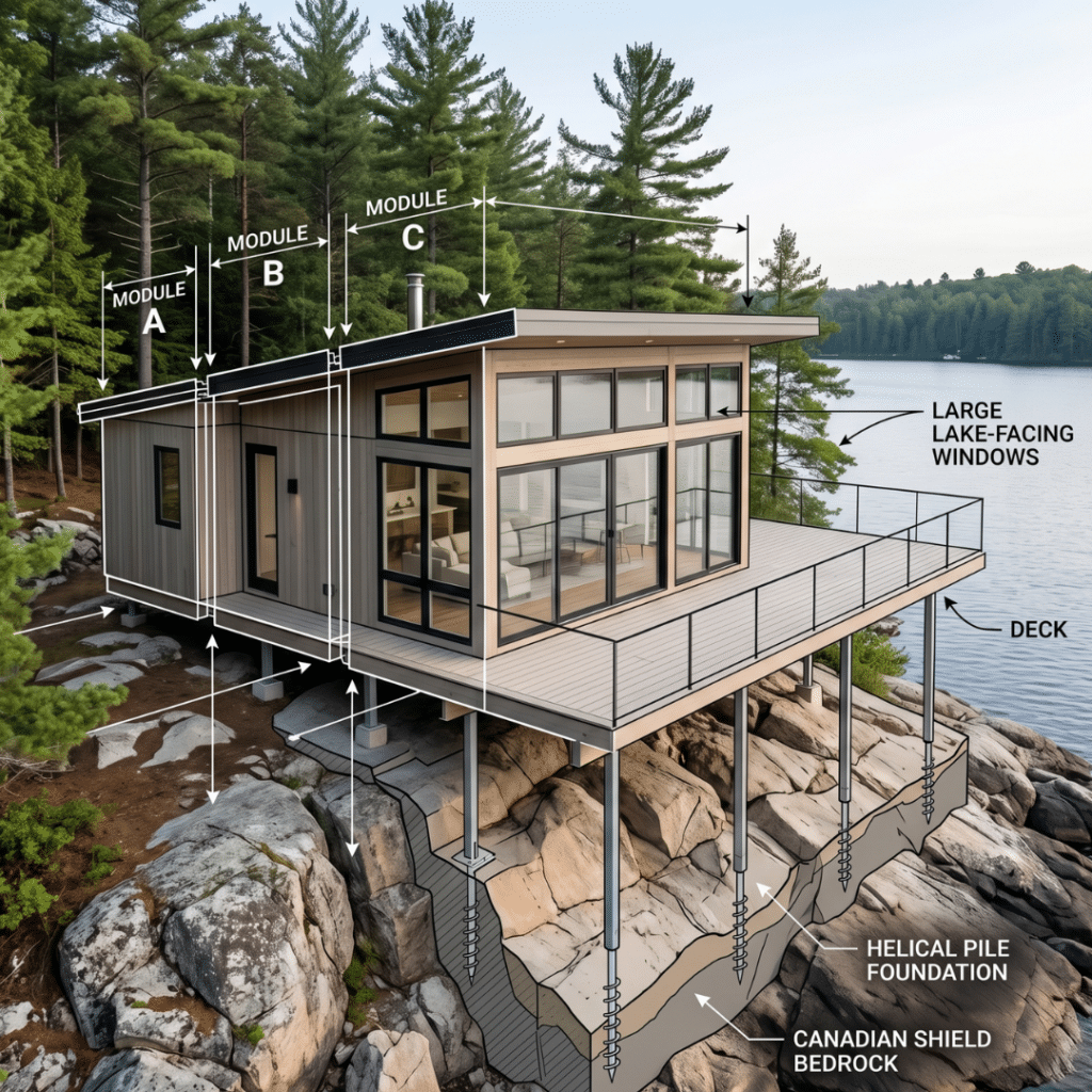 Prefab cottages Muskoka modular home designed for Canadian Shield waterfront lot showing precise placement on granite terrain with helical pier foundation and lake-facing orientation Ontario 2026