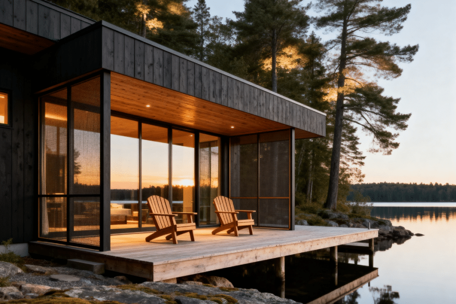 Prefab cottages Muskoka completed My Own Cottage four-season modular home on Lake Muskoka waterfront with Muskoka Room floor-to-ceiling windows and Canadian Shield granite shoreline at golden hour