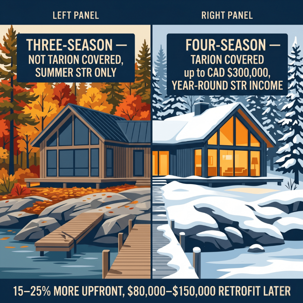 Prefab cottages Muskoka three-season vs four-season decision infographic showing no Tarion warranty for seasonal cottages versus up to CAD $300,000 Tarion coverage for four-season modular homes with year-round STR income potential 2026