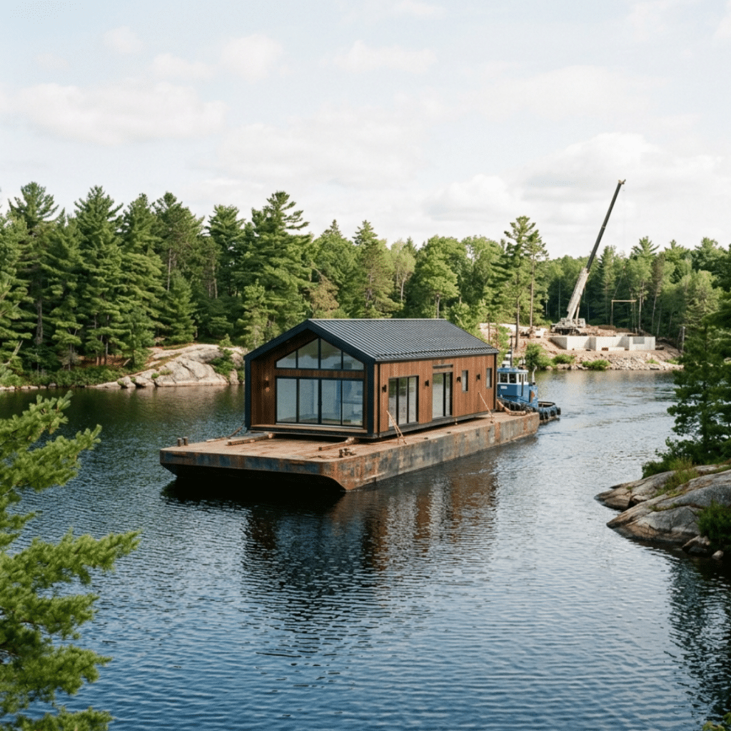 Prefab cottages Muskoka water-access barge delivery showing completed modular home transported by flat-deck barge across Lake Muskoka for crane installation on remote Canadian Shield waterfront lot 2026