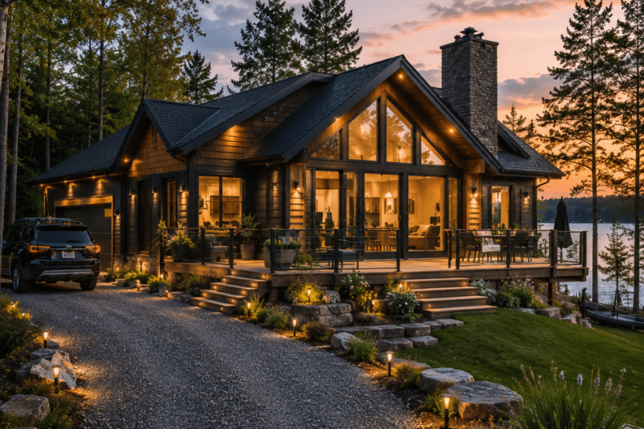 Prefab cottages Orillia completed modern cottage on a real Simcoe County property with gravel driveway, landscaped lot, mature trees, lake views and a luxury prefab home at sunset.