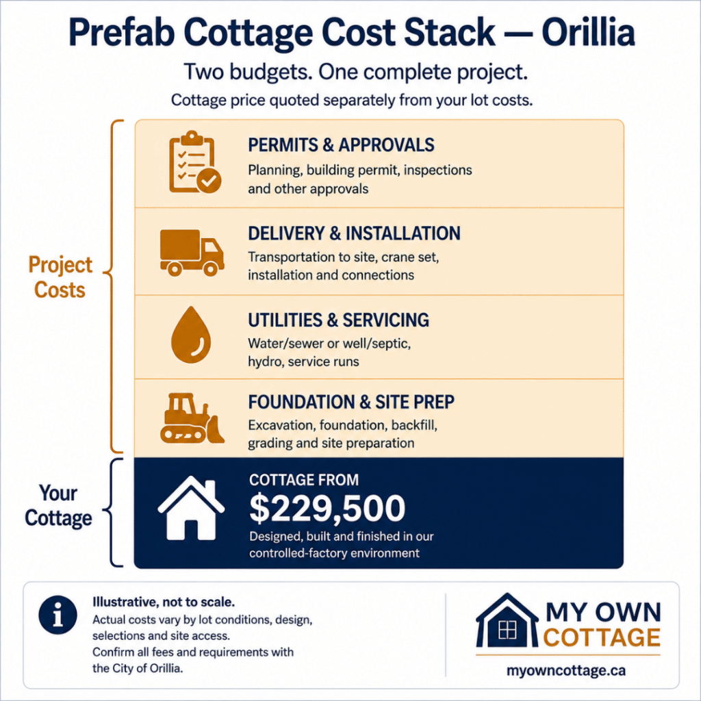 Prefab cottages Orillia cost stack infographic separating the cottage price from project costs including foundation, site preparation, utilities, delivery, installation, permits and approvals.