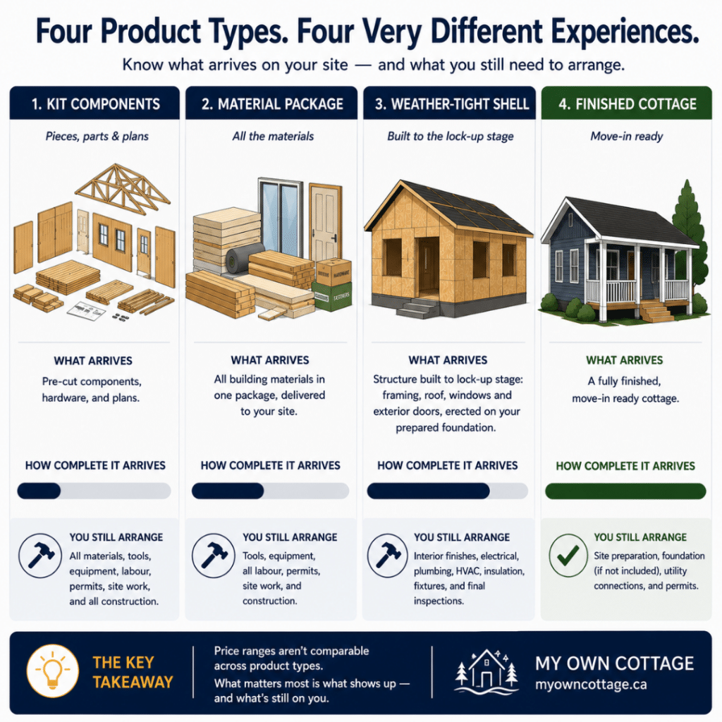 Prefab cottages Orillia comparison infographic showing the differences between kit components, material packages, weather-tight shells and finished cottages, including what arrives on site and what the buyer still arranges.