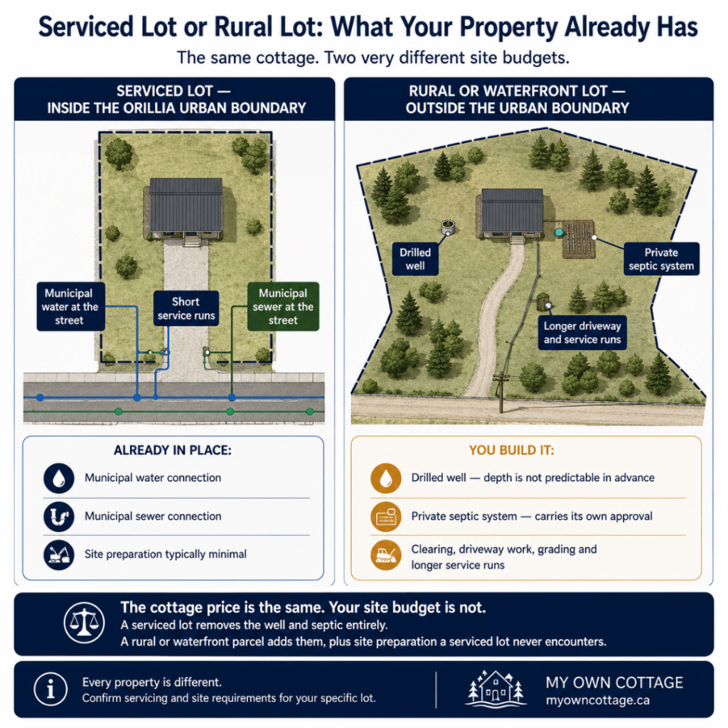 Prefab cottages Orillia serviced lot versus rural lot infographic comparing municipal water and sewer connections with drilled wells, private septic systems and longer service runs for prefab cottage projects.