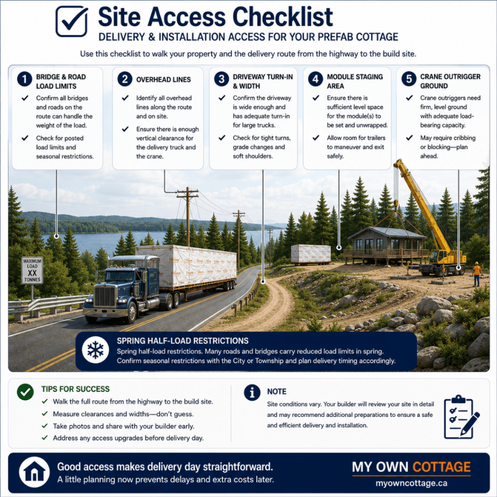 Prefab cottages Orillia site access checklist showing delivery route considerations including bridge and road load limits, overhead utility lines, driveway turn-in, module staging area, crane outrigger ground and seasonal half-load restrictions.
