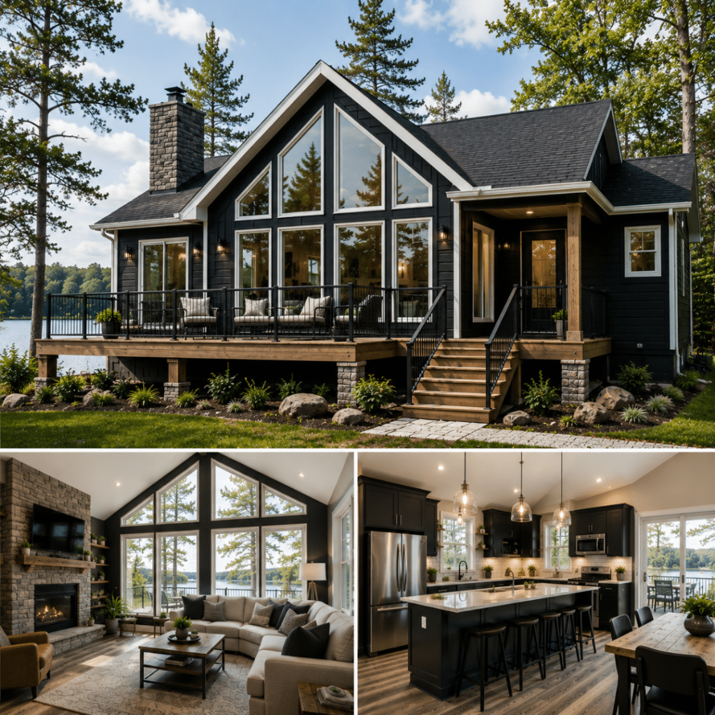 Prefab cottages Ottawa model featuring a completed four-season lakefront cottage with exterior, living room, and kitchen views, showcasing a permanent foundation-built home designed for year-round living.