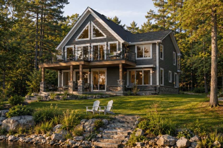 Prefab cottages Ottawa example showing a completed four-season lakefront cottage on a permanent foundation in Eastern Ontario, designed for year-round living and recreational use.