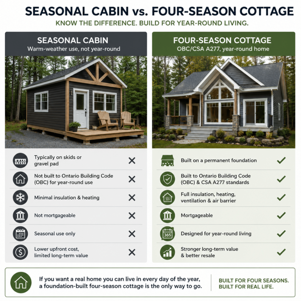 Prefab cottages Ottawa comparison showing a seasonal cabin versus a four-season cottage, highlighting why only a foundation-built CSA A277 cottage qualifies as a year-round home.