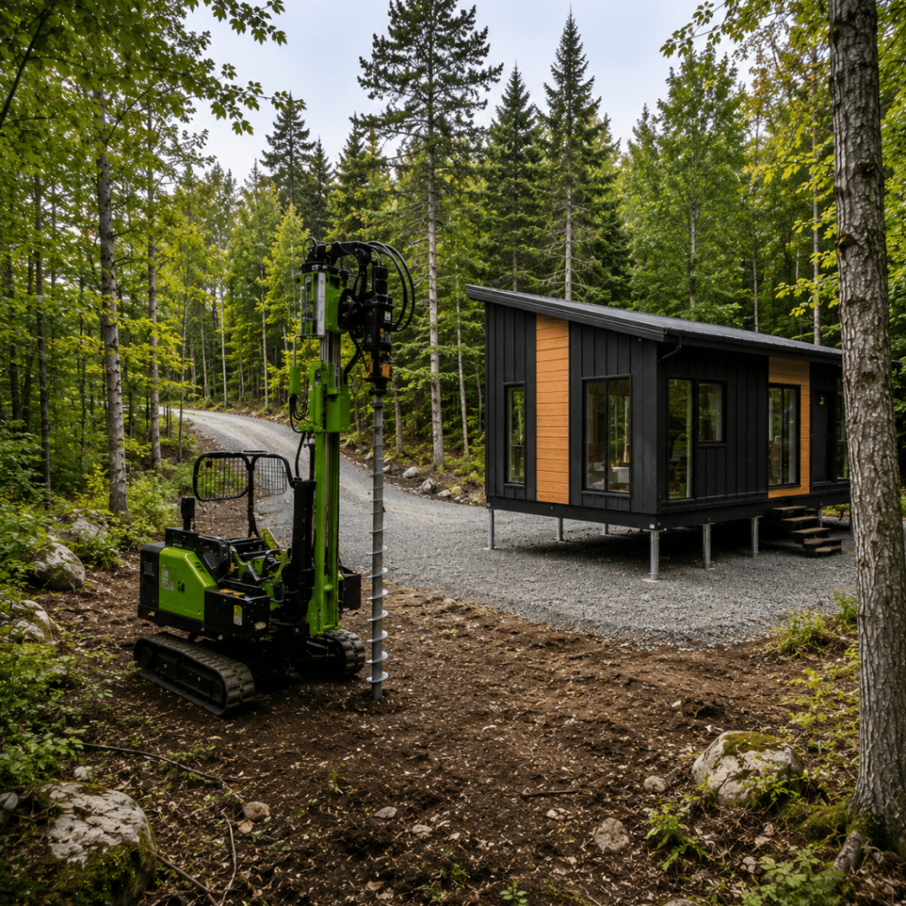 Screw pile foundation installation for a modern small prefab home on a wooded Ontario cottage-country lot with minimal site disturbance