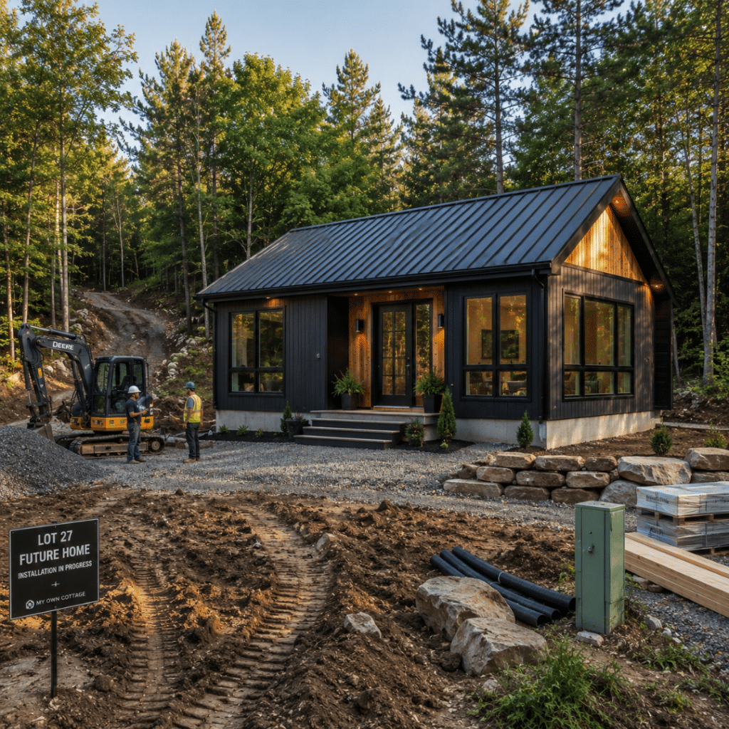 Small prefab modular home installation on a rural Ontario lot showing site preparation, foundation work, and real construction conditions