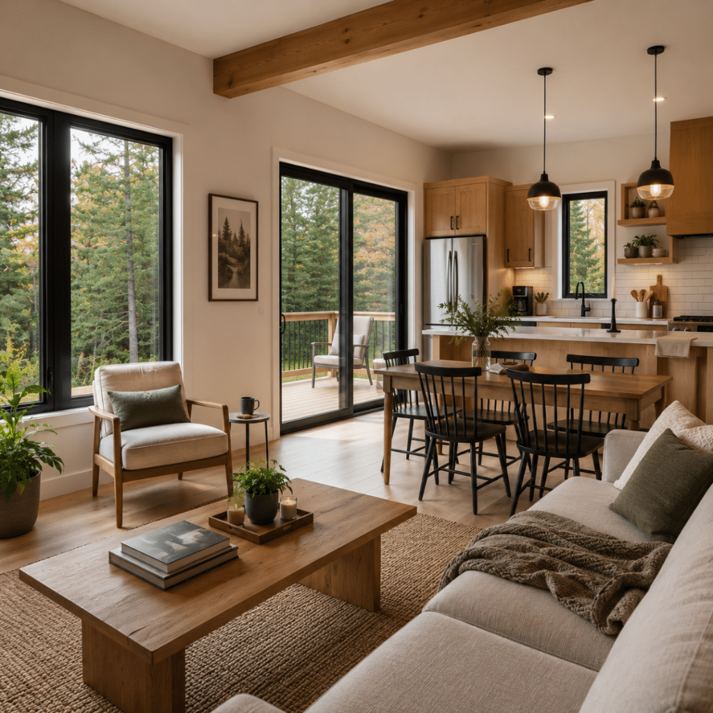 Small prefab home Ontario interior with open-concept kitchen and living area, large windows, natural light, and modern finishes in a completed My Own Cottage modular home