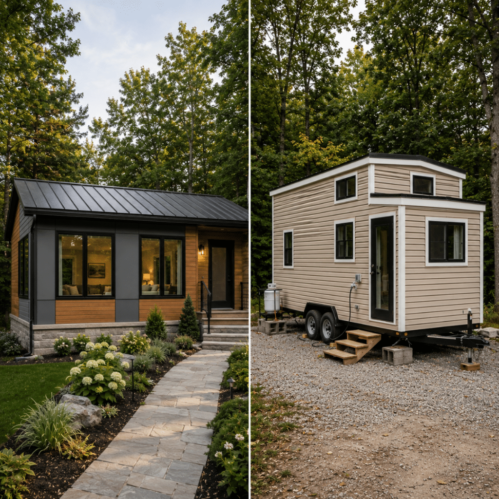 Small prefab modular home on permanent foundation versus tiny home on wheels in Ontario showing permanent dwelling versus trailer classification.